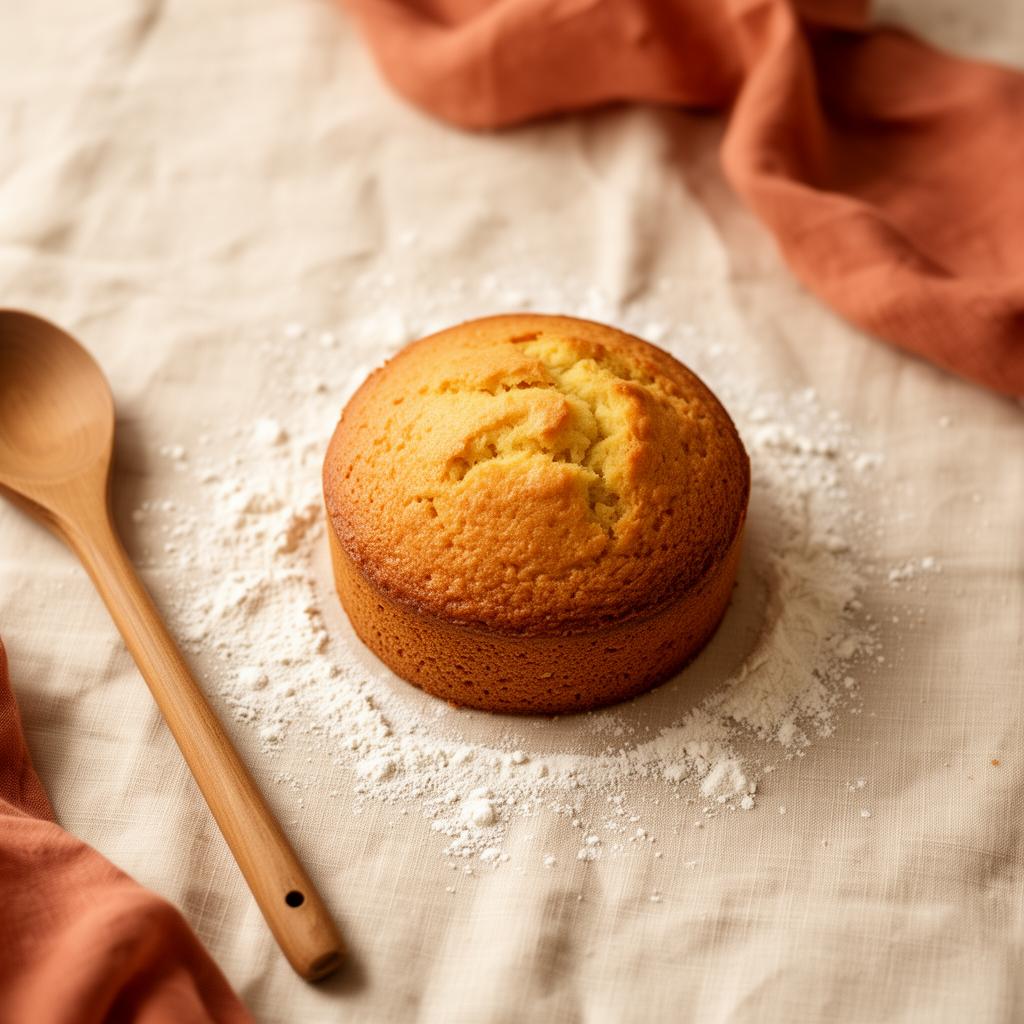 Vers gebakken cake op linnen tafelkleed met bloem en houten lepel